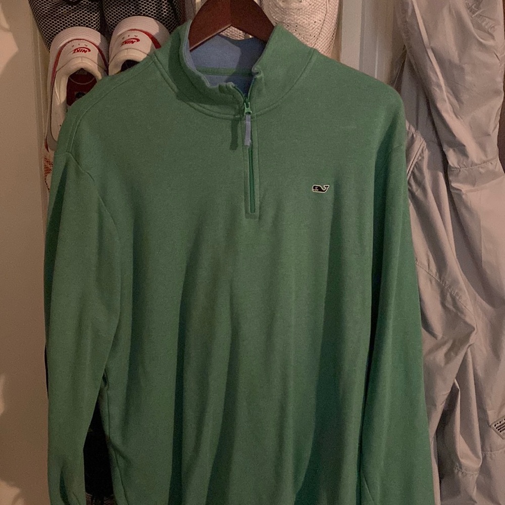 Used vineyard vines zip up. Lightly worn light green outside, light blue inside.